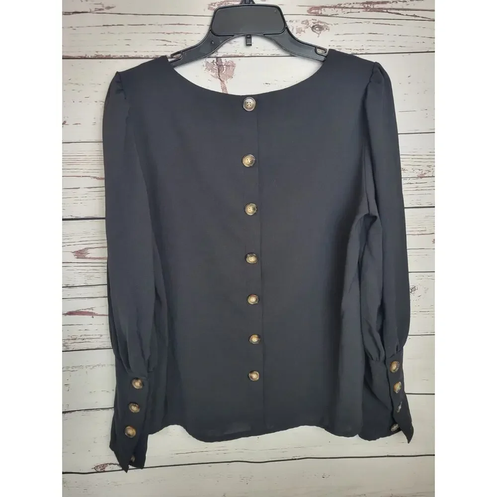 SHEIN Black Button Back Relaxed Fit Long Sleeve Casual Top‎ Women's Size Medium